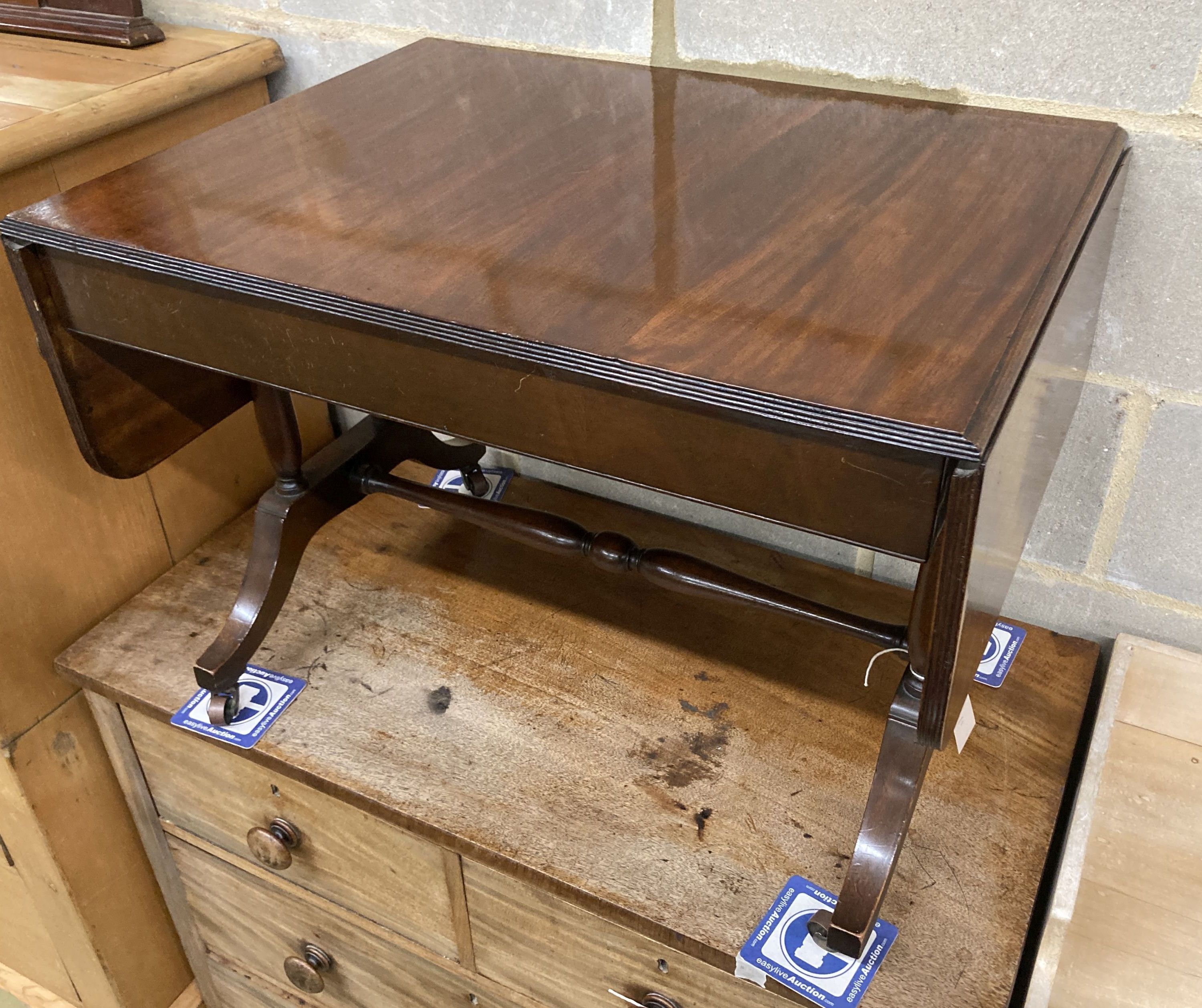 A reproduction mahogany sofa occasional table, width 69cm, depth 51cm, height 51cm